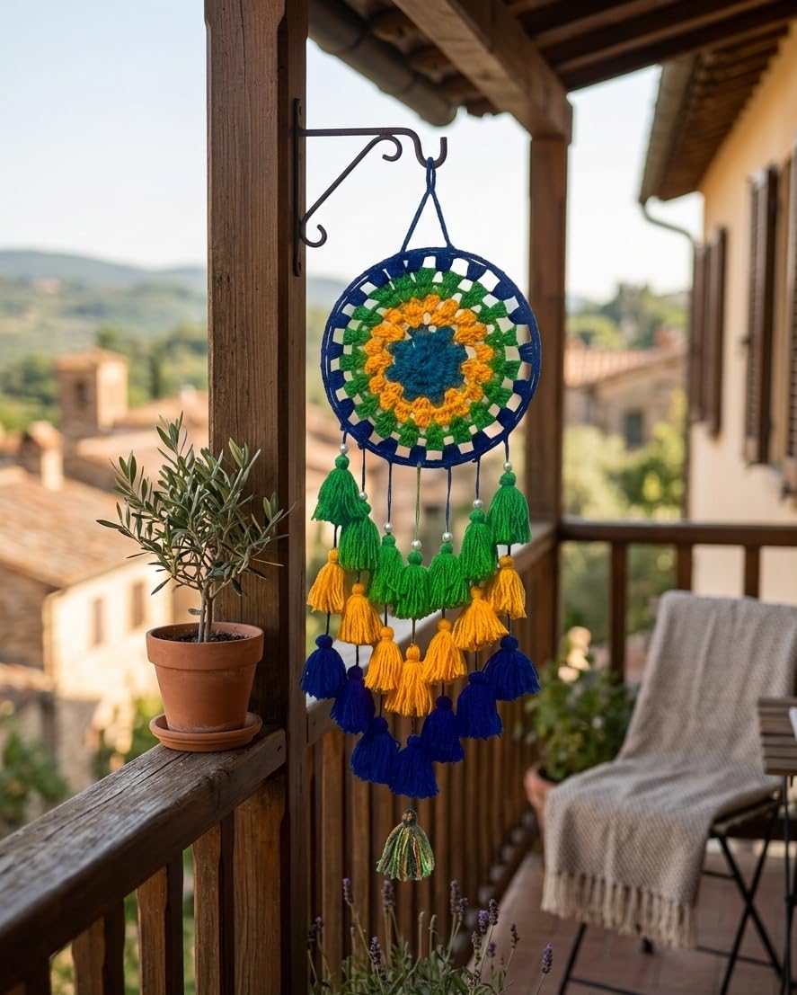 Handcrafted Crochet Dream Catcher Wall Hanging, Boho Style, Blue, Green and Yellow with Tassels-image-49