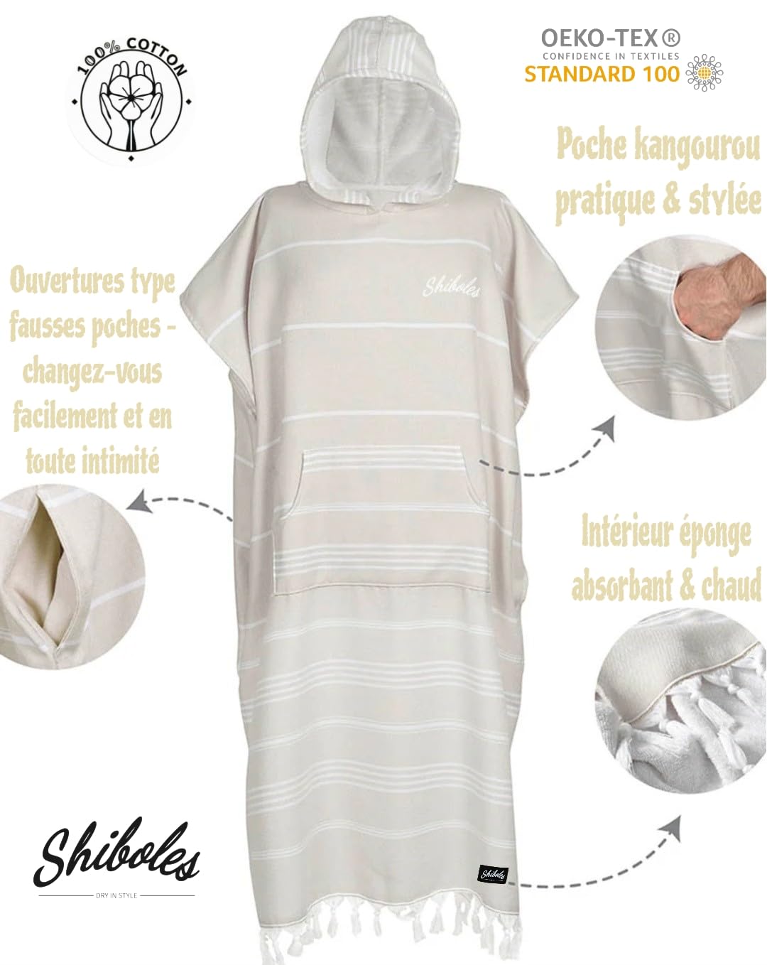 Poncho de Bain Adulte Deniz 100% Coton – Style Serviette Turc peshtemal – Intérieur éponge Absorbant – Doux & Confortable – Idéal Plage, Sport, Douche, Camping – Unisexe (Beige, L/XL)