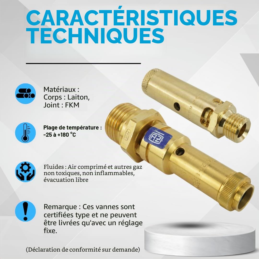 fittingstore - Soupapes de sécurité TÜV (DN8), 6 à 20 bar, soupape de surpression en laiton pour compresseur (filetage : G 3/8", pression de déclenchement : 11 bar)