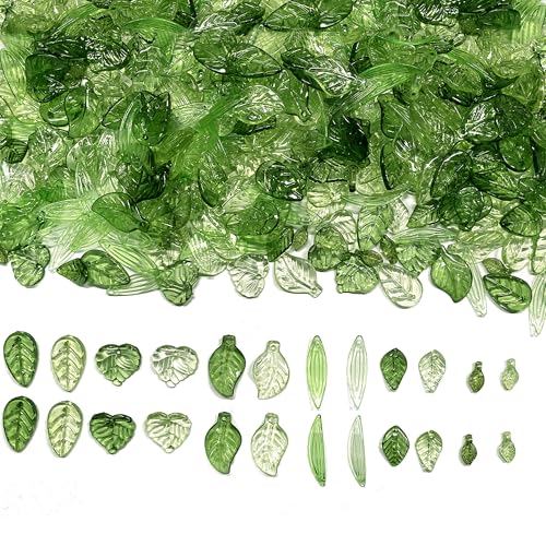 Green Acrylic Leaf Beads 120PCS Transparent Leaf Charms for Jewelry Making Acrylic Plant Beads for Earrings Bracelets & Necklaces (Mixed Styles)