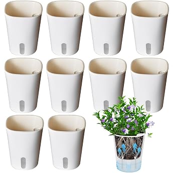 Pack of 10 Self-Watering Pots White Flower Pot with Watering System Self-Watering Water Reservoir with Water Level Indicator for Indoor and Outdoor Use Diameter 7.5 cm