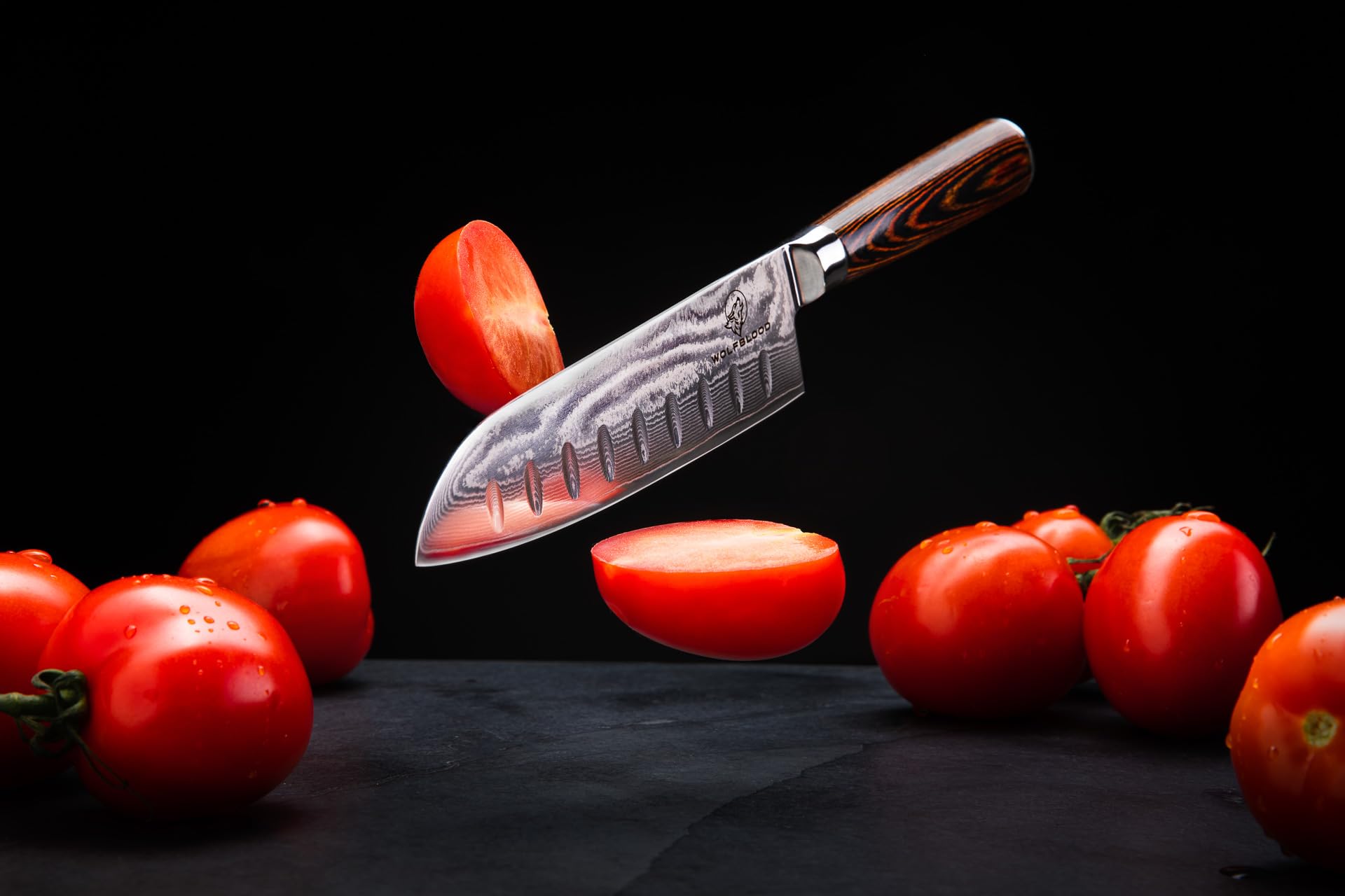 Wolfblood Damastmesser Santoku Messer XL (30cm) TÜV geprüfter 62 HRC Damaststahl aus 67 Lagen I Damast-Küchenmesser Santokumesser mit Holzgriff Geschenkbox und Klingenschutz