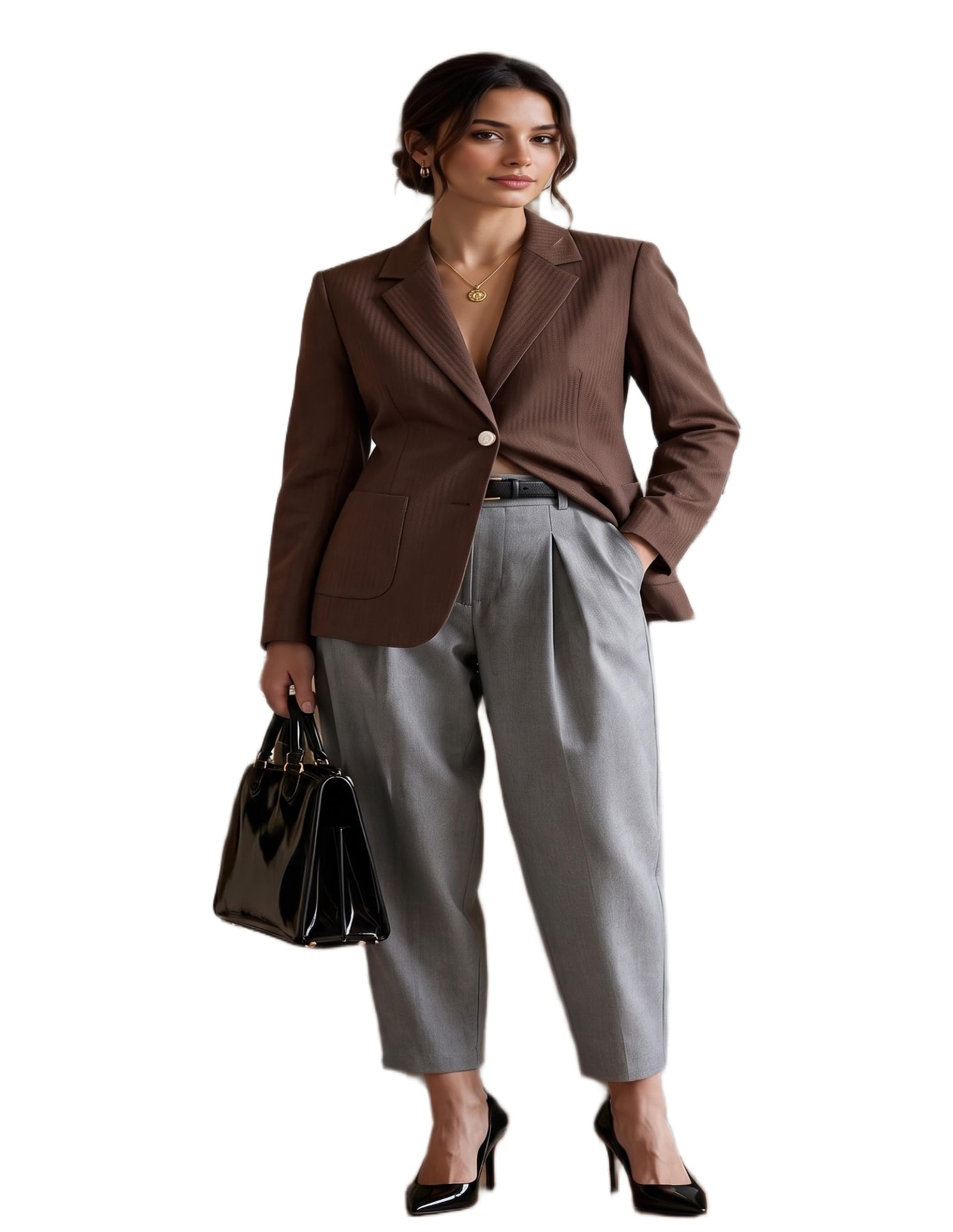 Plus Size Blazer for Women – Brown Textured Business Jacket, Rolled Cuff Sleeves, Classic Fit Workwear-picture-26