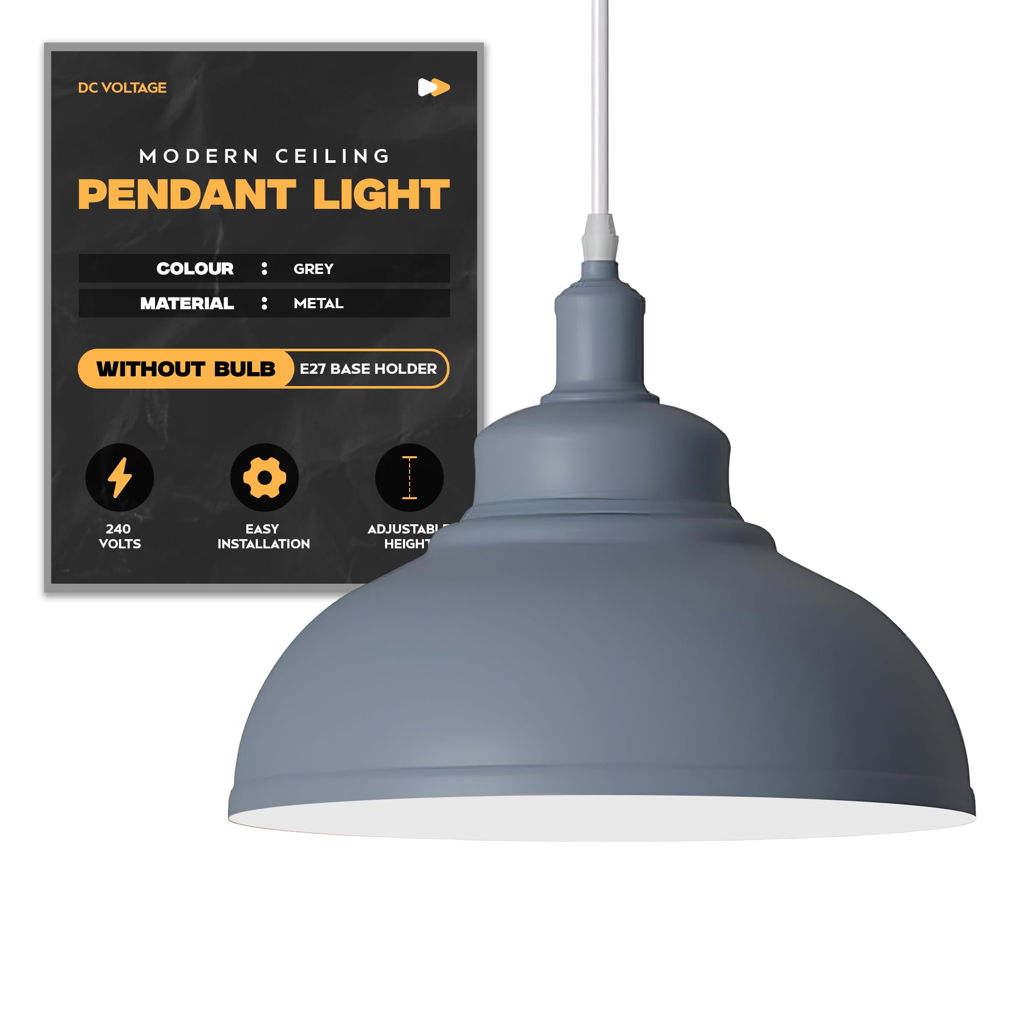 Modern Ceiling Pendant Light Grey Metal 29cm Width Lampshade Easy Fit E27