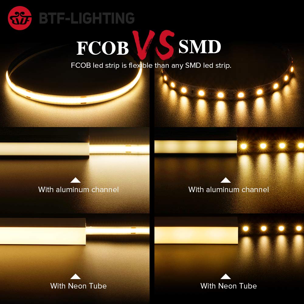 BTF-LIGHTING FCOB Flexibel Hohe Dichte LED Streifen 5M 528LEDs Warmweiß 14W/M 24V Dimmbar Verformbar FOB COB LED Licht Band für Schlafzimmer Küche Raum Innendekoration(Nur Streifen)