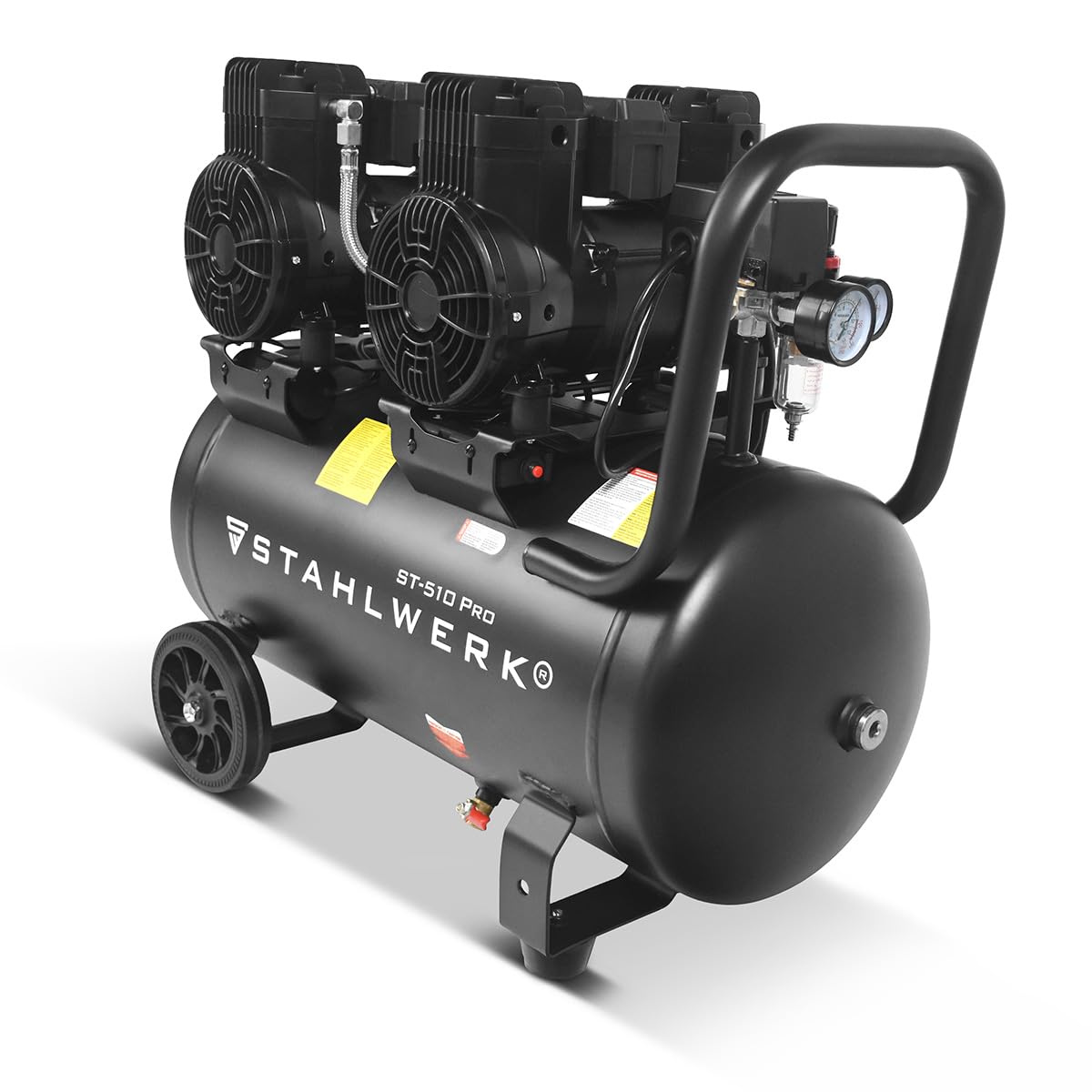 STAHLWERK Kompressor mit 50 L Tank (ST-510 Pro) – ölfrei & leise, 10 bar, 3,94 PS (2,9 kW), 500 l/min, 70 dB, Druckluftkompressor mit Brushless-Motoren, Silent-/Flüsterkompressor, Kolbenkompressor
