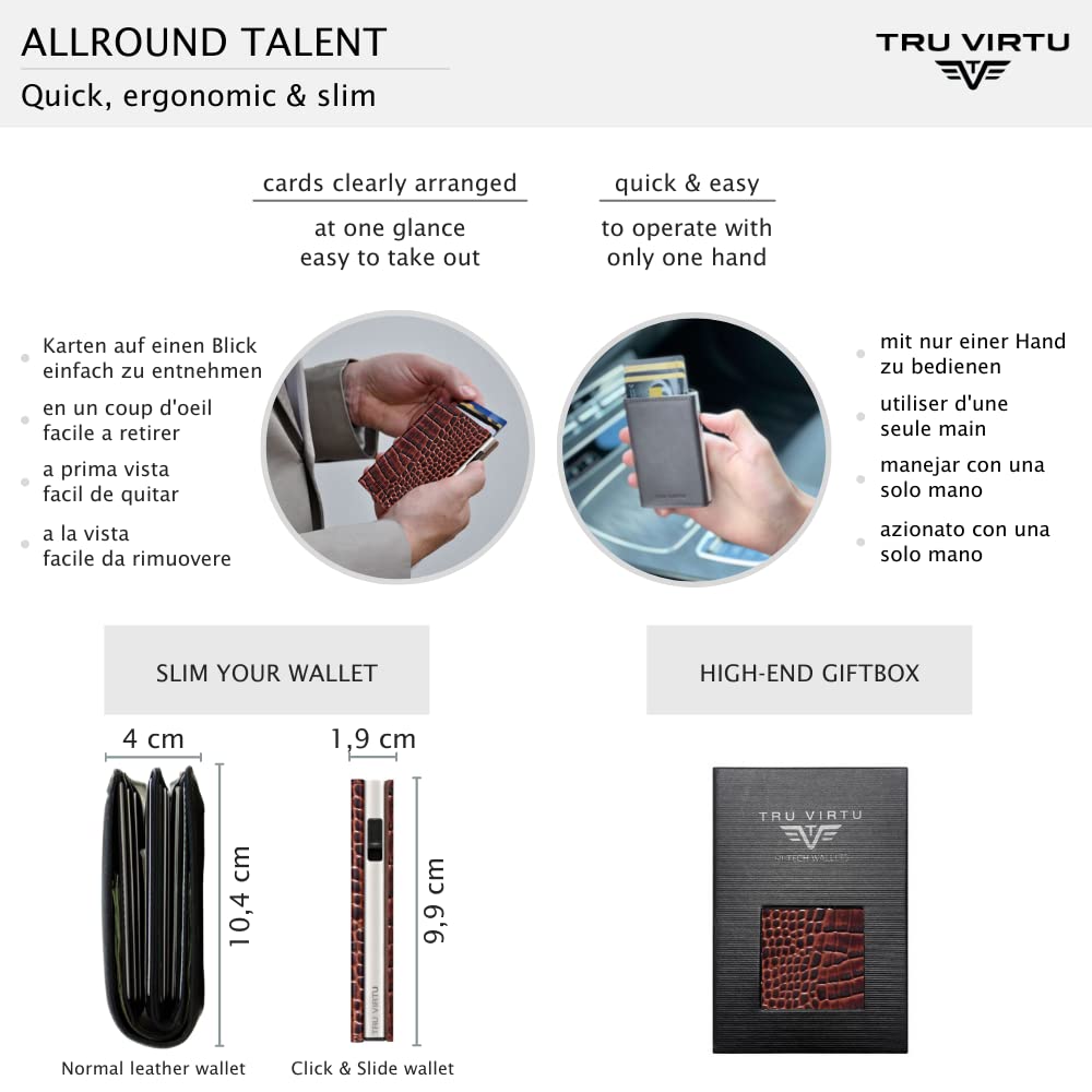 Tru Virtu® Karten-Portemonnaie Click & Slide I Kreditkartenetui I Kartenetui-RFID-NFC-Schutz I Geldbörse aus echtem italienischen Leder I Geldbeutel I Slim Wallet (Sleek Croco Brown/Silver)
