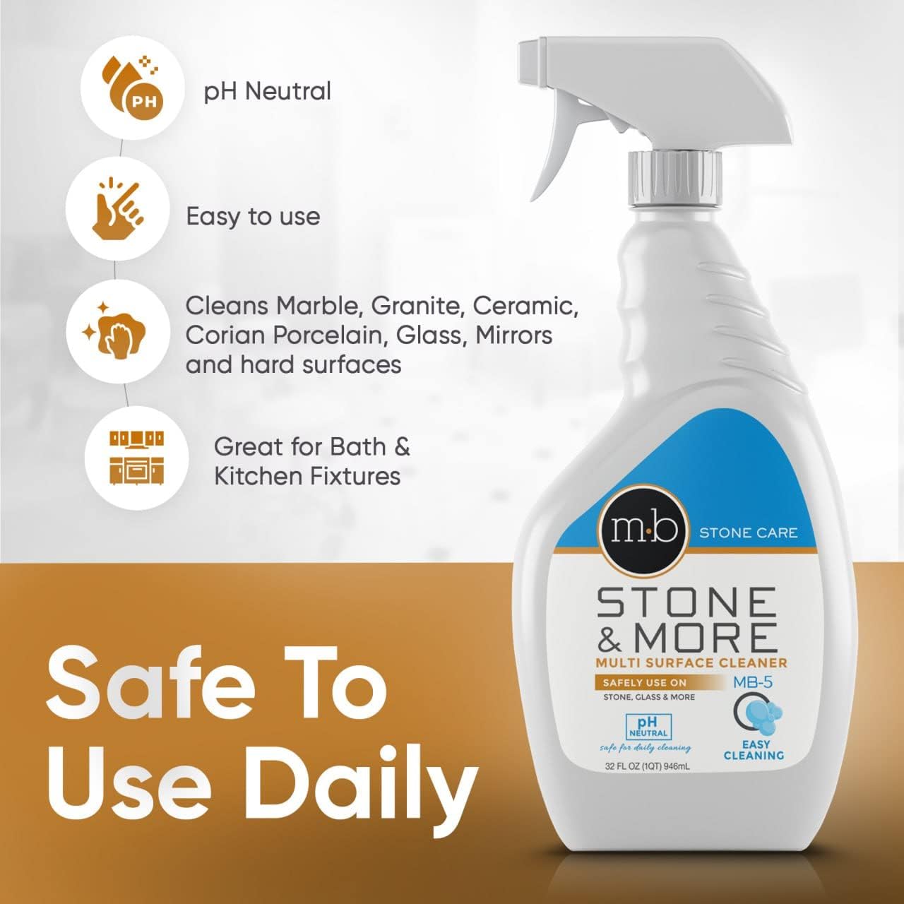 MB-5 Stone & More 2 Pack All Purpose Cleaning Spray Kitchen Counter Cleaner Spray for Marble and Granite– No Streak Formula for Stone, Glass, Granite, Ceramic, Corian, Porcelain (2x 32 oz)