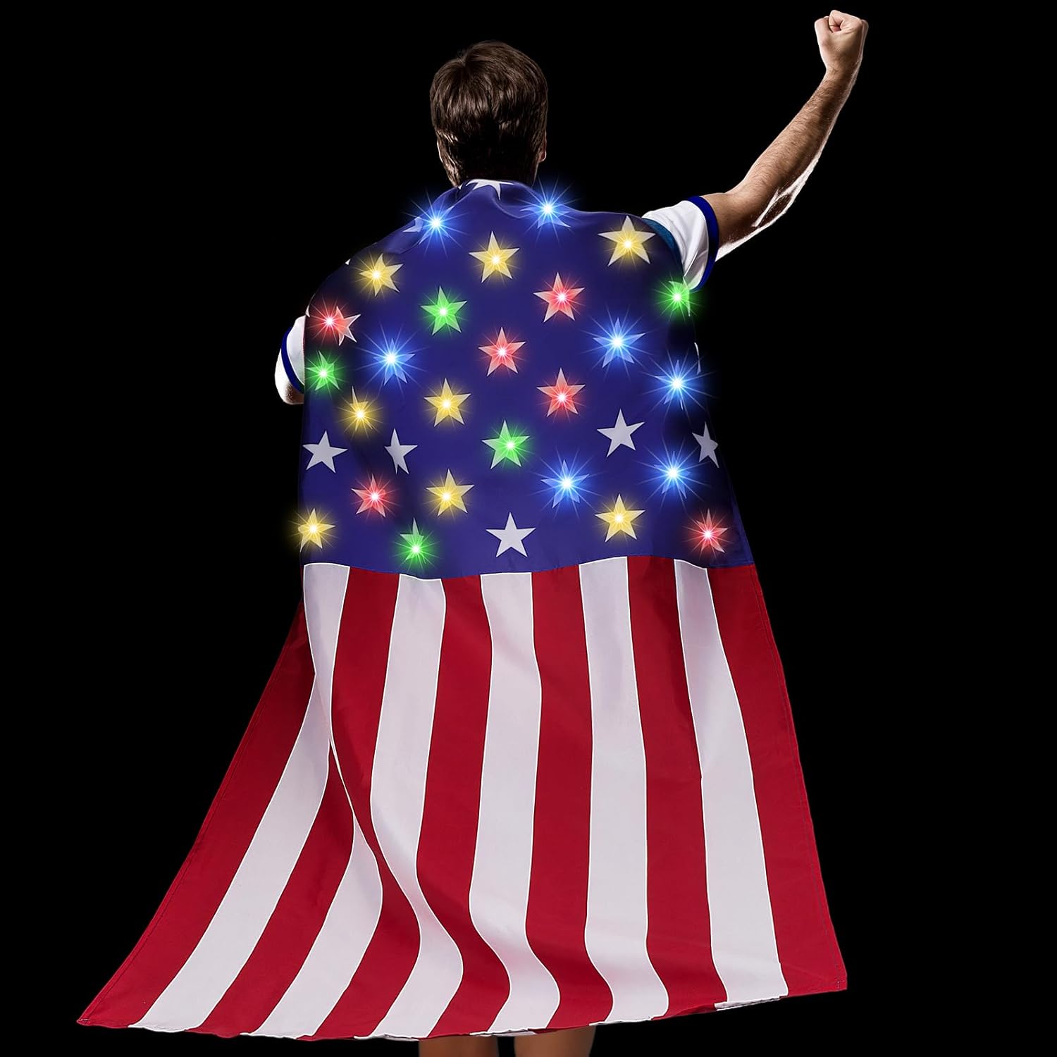 Light Up 4th of July Flag Cape American Flag Costume Cape for Adults Independence Day Celebration Dress Up Party (Batteries Not Included)