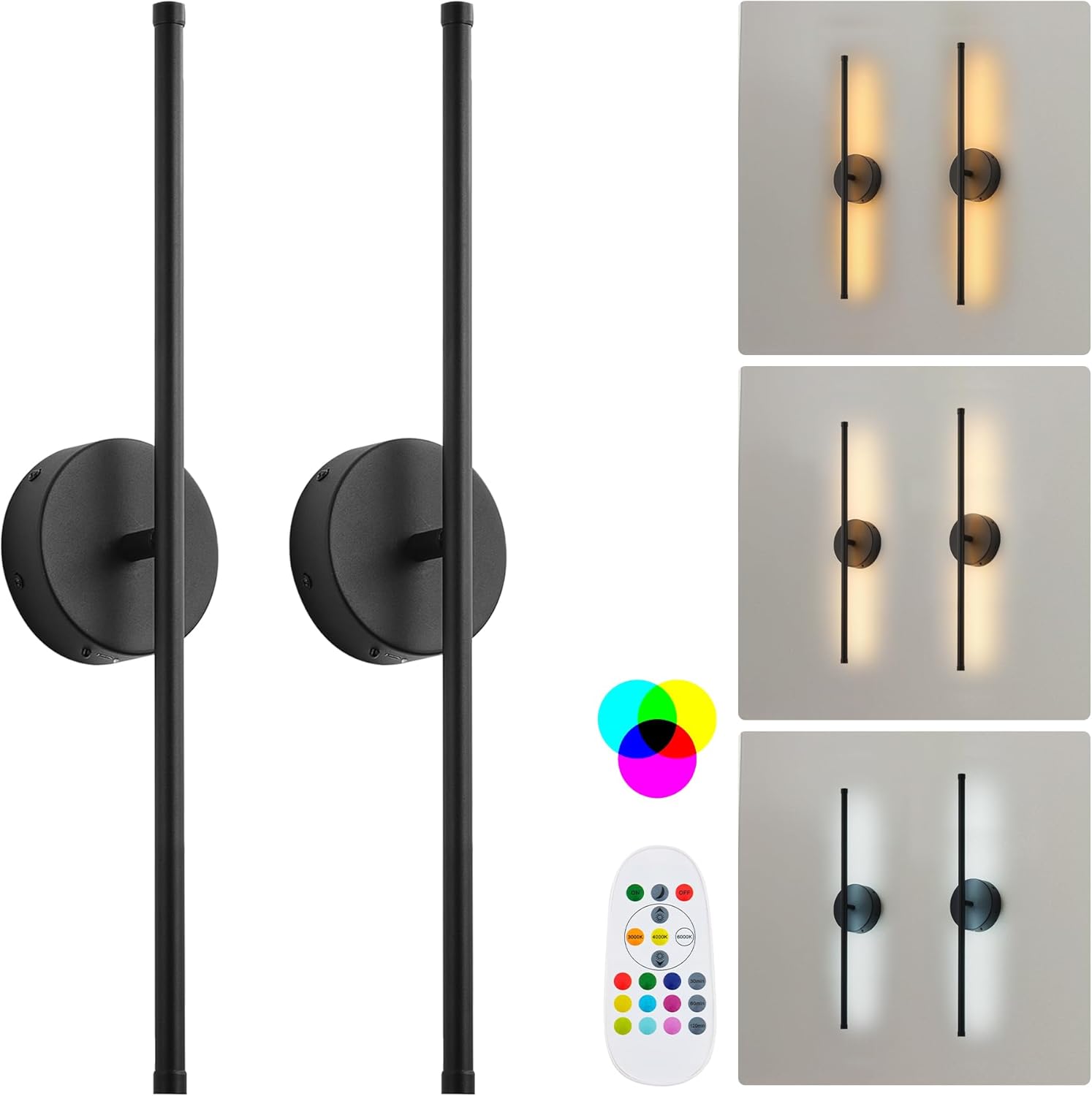 Battery Operated Wall Sconces Set of Two, with Remote Control, Dimmable, Warm White/Natural White/Daylight/RGB, 350°Rotate, LED Black Wireless Wall Light for Living Room, Bedroom, 20.4 Inch