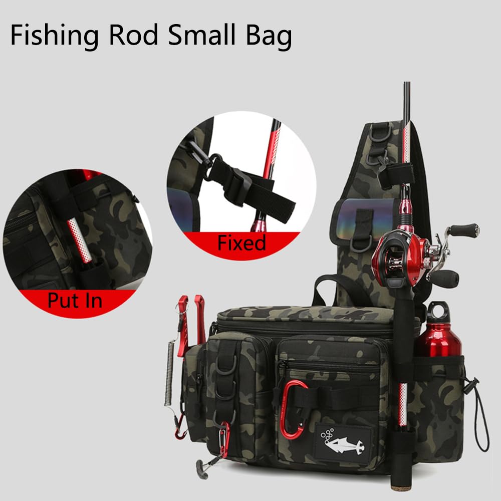 Sac à dos de pêche avec support de canne, sac de pêche portable, grande capacité, sac à bandoulière pour leurre de pêche, appât, équipement de pêche en mer, camouflage/uni, Noir