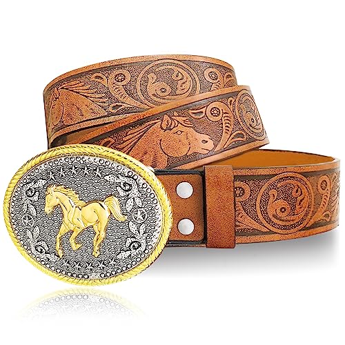 Cowboy Belt For Men Running Horse Western Buckle Belts Horsehead Engraved Brown Leather Belt, 1-1/2 Inch Wide