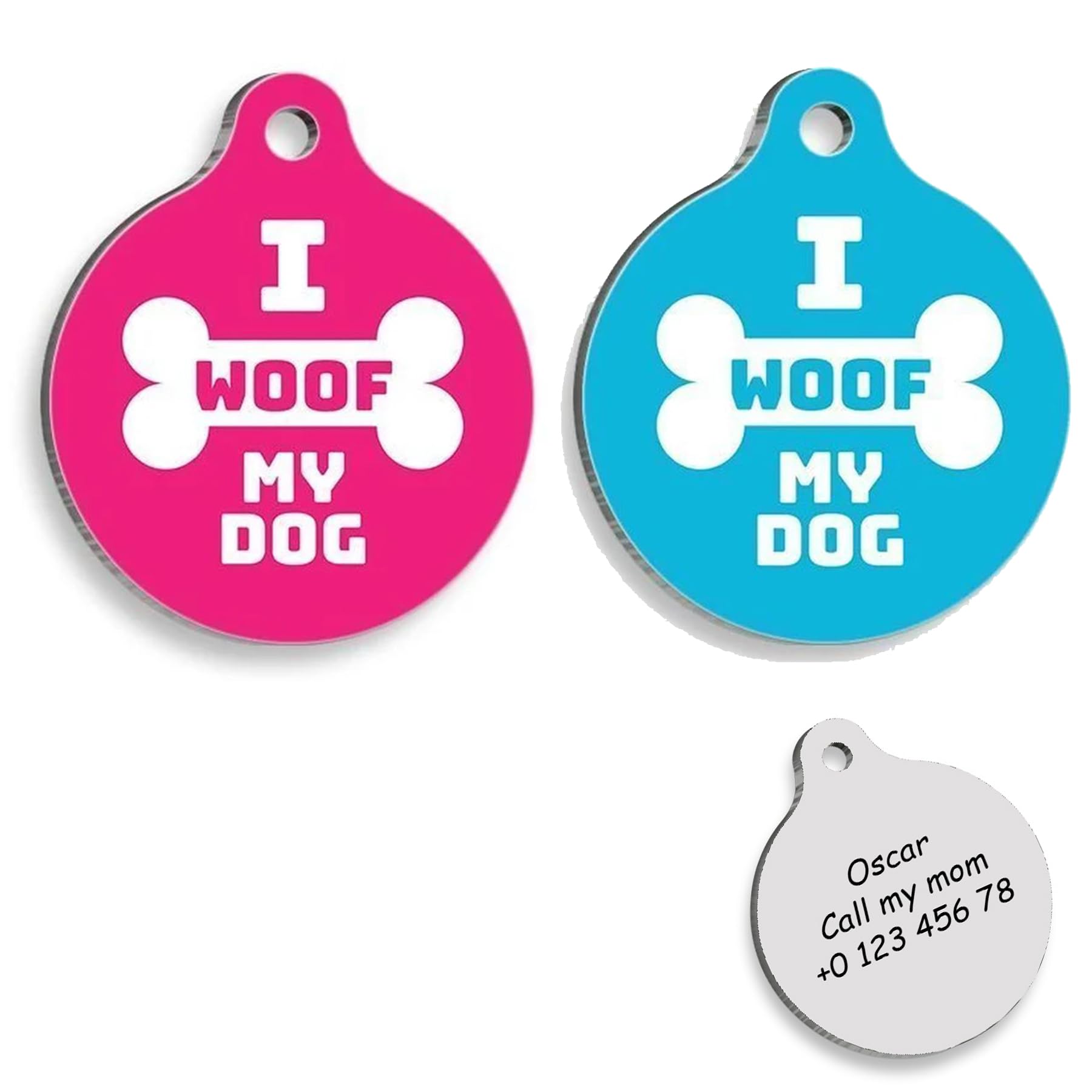 I Woof My Dog Personalized Dog Tag - Custom Name Tag - ID Tag for Dog & Cat - Customized Pet Tags - Dog & Cat Name id Tag - Dog Name Tag - Engraved Dog Tag (Pink)