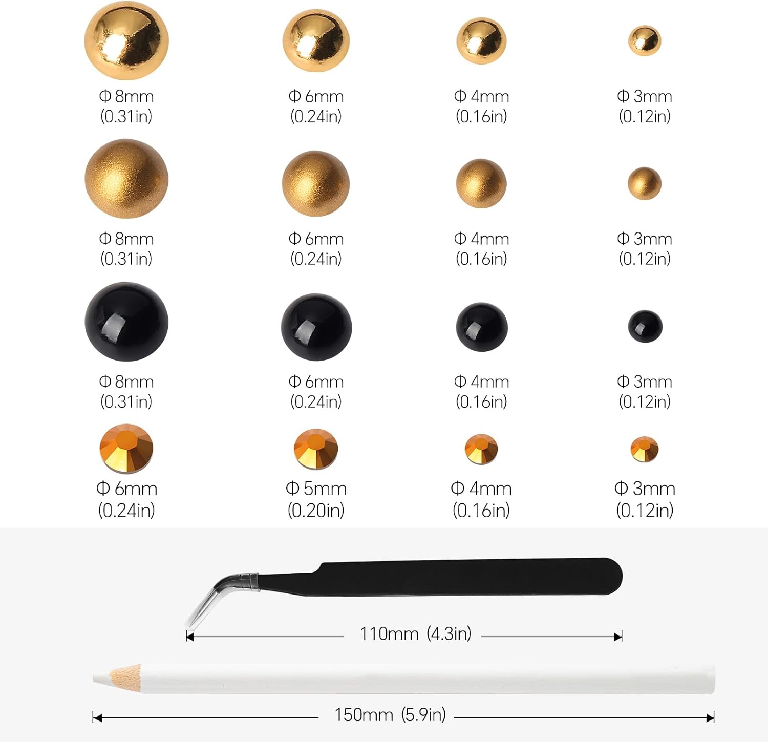 3929Pcs Black Gold Pearls Rhinestones for Crafts Mixed Size 3mm-8mm AB Color Round Half Pearls Flatback Pearl Beads and Resin Rhinestones Set for Face Art - Image 2