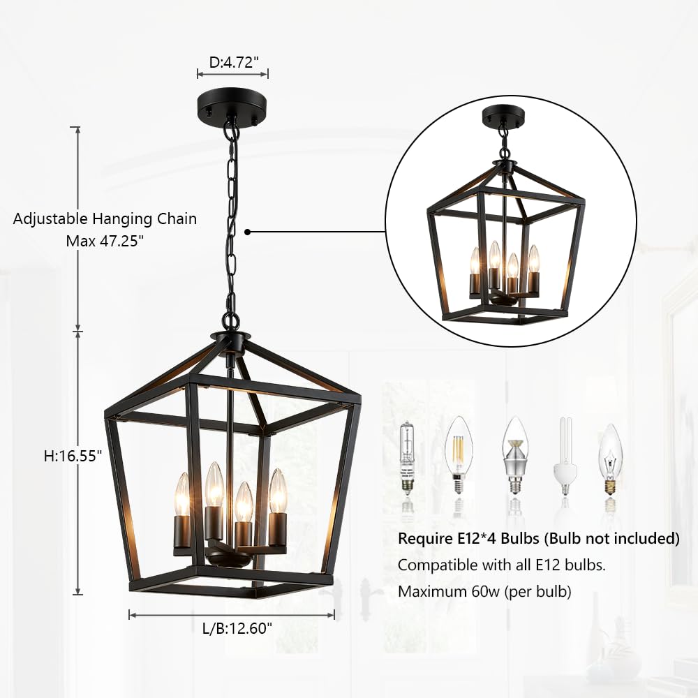 4-Light Farmhouse Pendant Light, Industrial Black Lantern Light Iron Farmhouse Chandelier Height Metal Cage E12 Base Pendant Light Fixture for Kitchen Island Dining Room Hallway Foyer Entryway