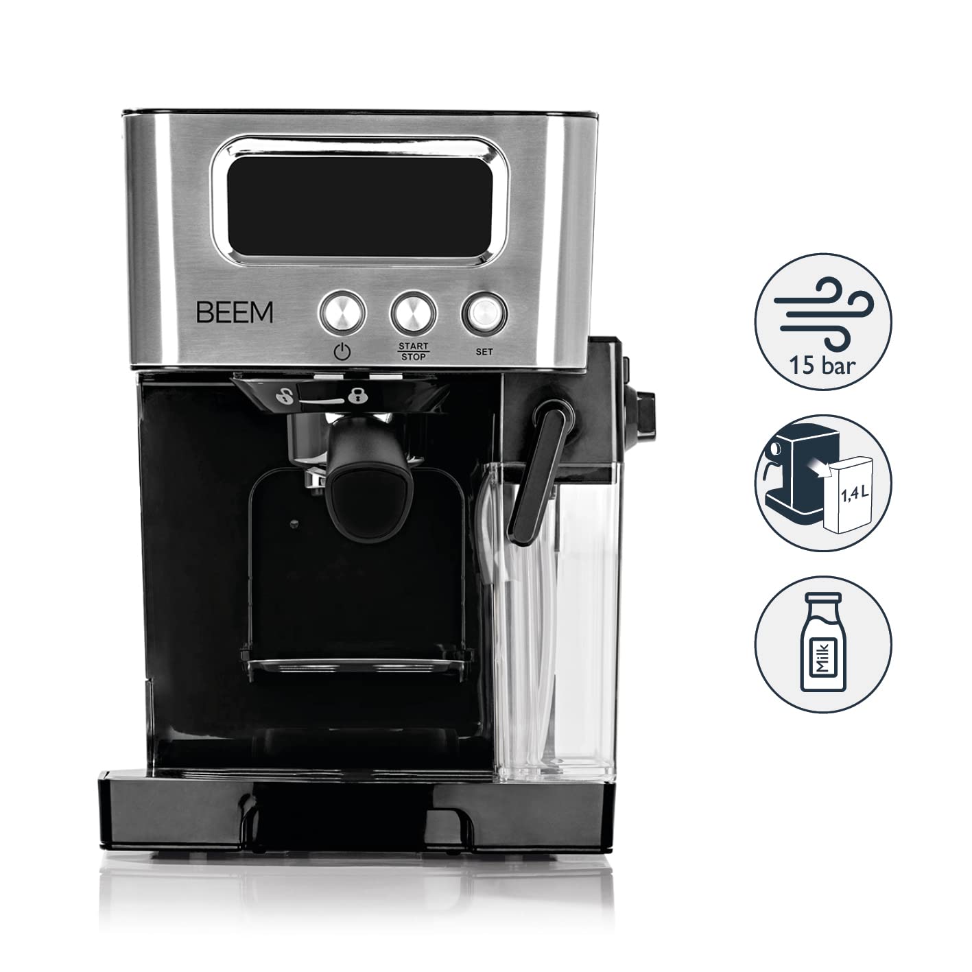 BEEM ESPRESSO-LATTE Siebträgermaschine 15 bar 0,4 L Milchtank 1,4 L Wassertank Schwarz-Silber