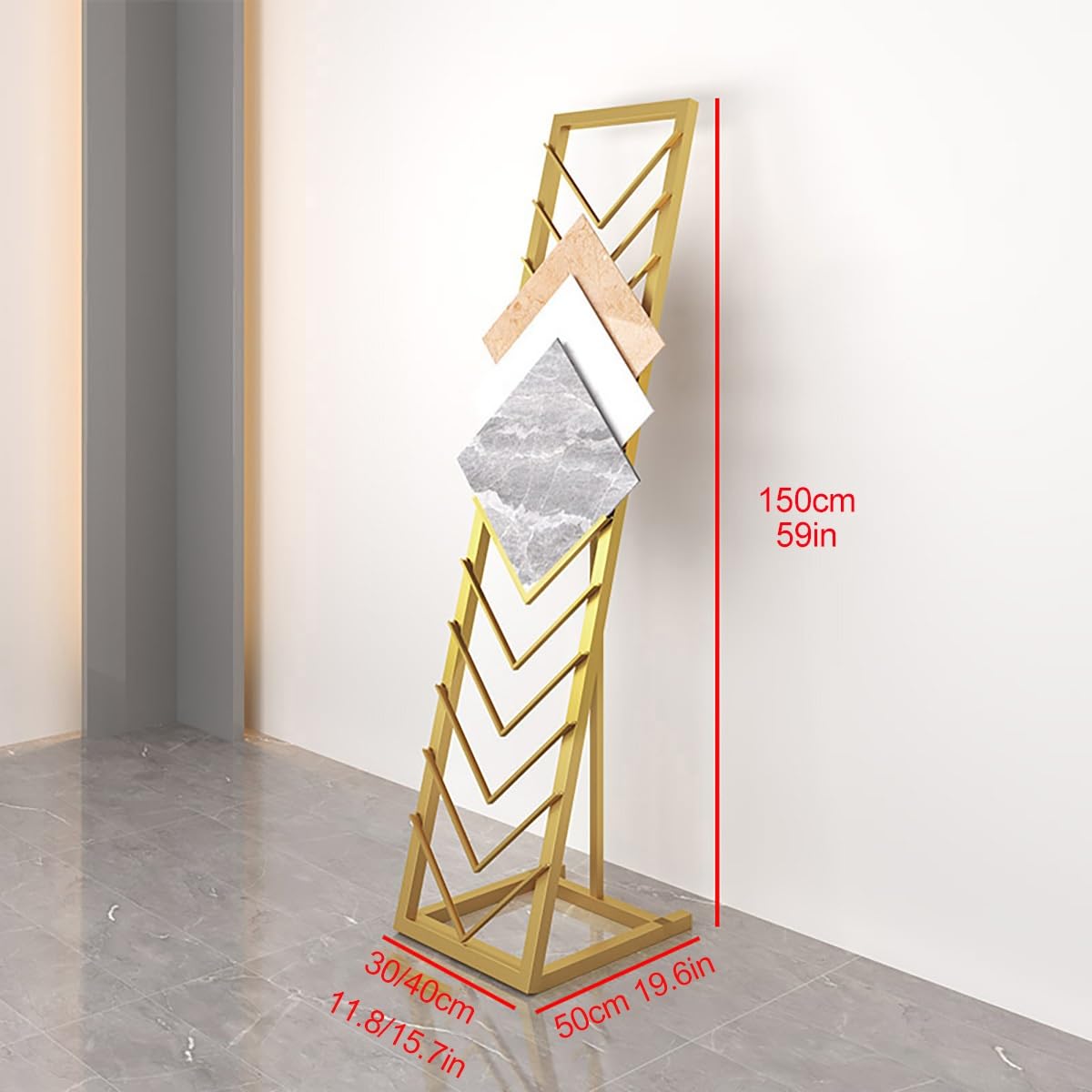 LLYLAFDC Metal Floor Standing Tile Display Holder, Floor-Standing Large Wooden Floor Sample Holder Small Marble Slab Display Stand(Gold,11.8 * 19.6in)