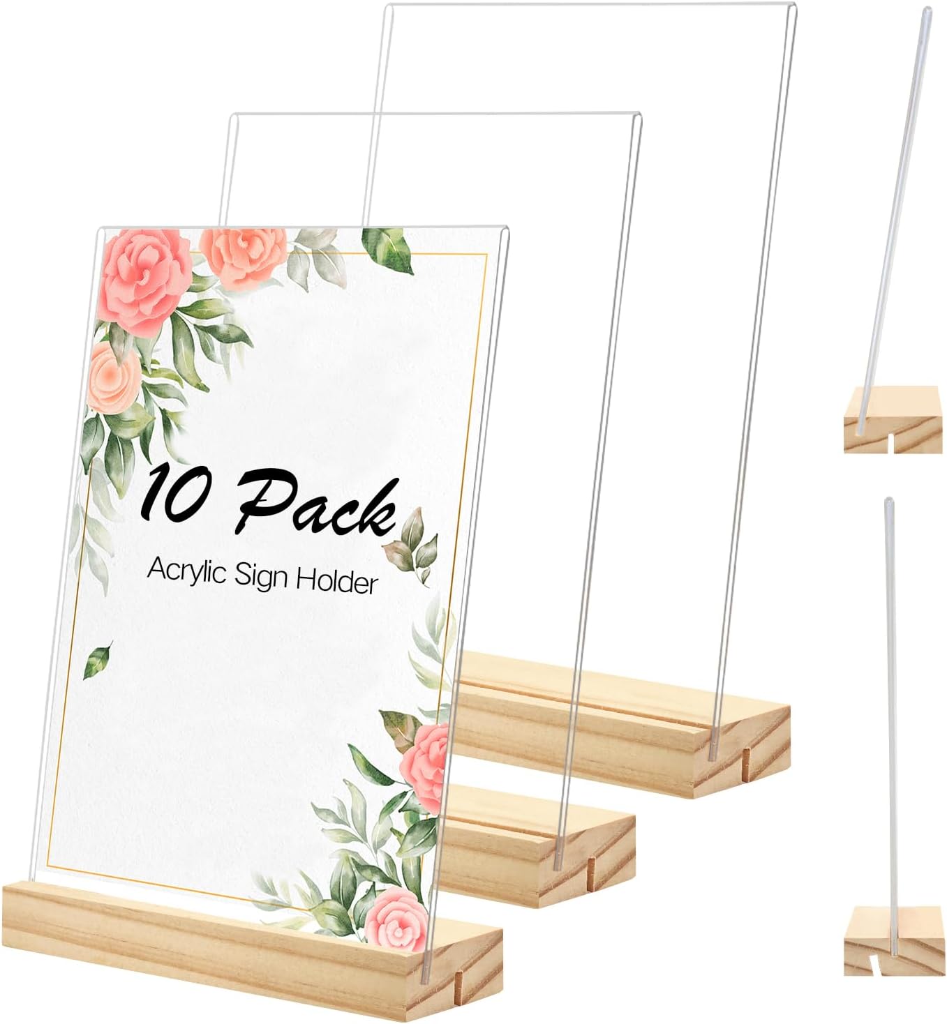 10 PCS Wood Place Card Holders, L/T Shape Wood Acrylic Sign Holder, Suitable for Vertical or Slant Back Display in Weddings, Restaurants, Offices