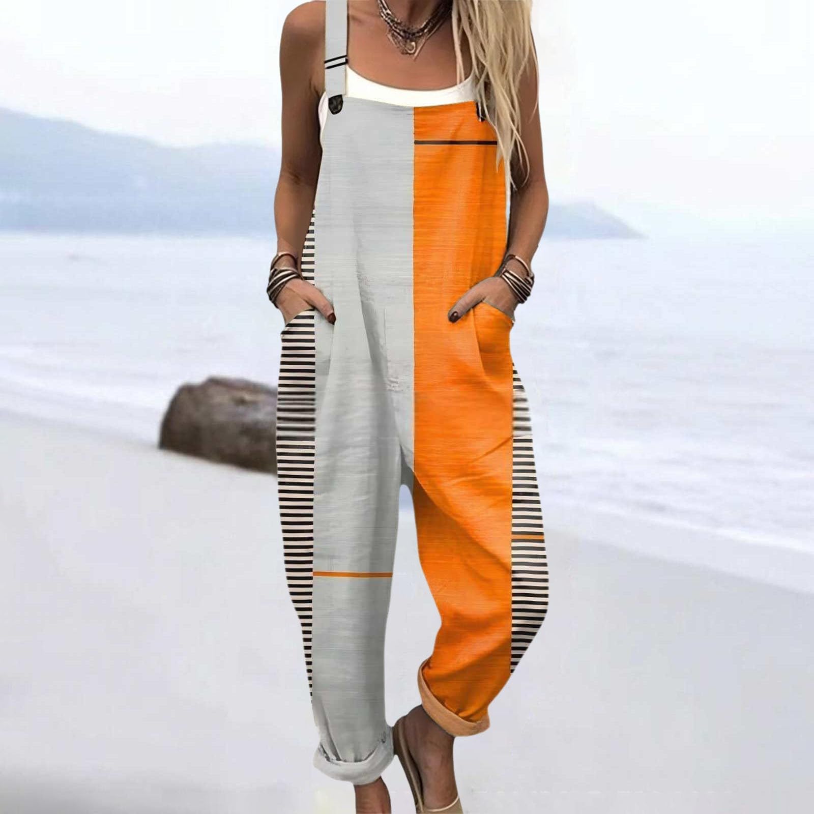 Generico Salopette Donna Estiva Lunga Elegante Tuta Jumpsuit Intera Curvy Casual Moda Stampa Jumpsuits Comoda Larga Pantaloni Da Lavoro Con Tasca Leggera Baggy Salopettes da Casa, Playsuit Mare