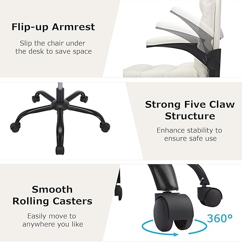 Miniatura 4 de VECELO Silla giratoria ergonómica de escritorio de oficina con reposabrazos abatible y altura ajustable, soporte lumbar y cojín grueso de piel