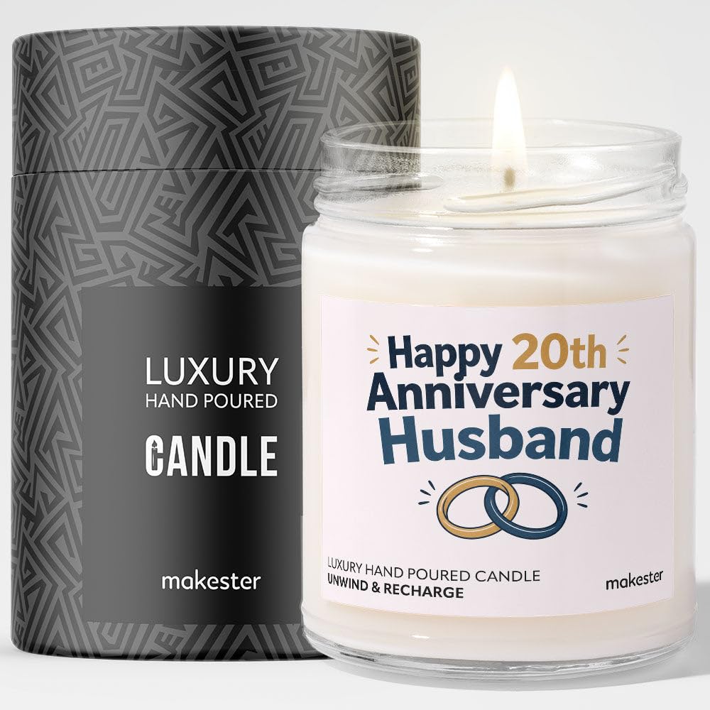 20th Anniversary Candle Gift for Husband - Luxury Soy Wax Candle - Vanilla, Jasmine, Sugared Almond - Makester — image 1