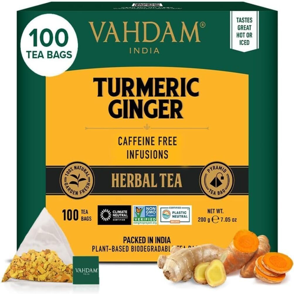 VAHDAM Turmeric Ginger Herbal Tea Bags (100 Pyramid Tea Bags) Caffeine Free, Non GMO | 100% Pure Herbal Blend - Savory & Spicy, Plant-Based Teabags | Resealable Ziplock Pouch