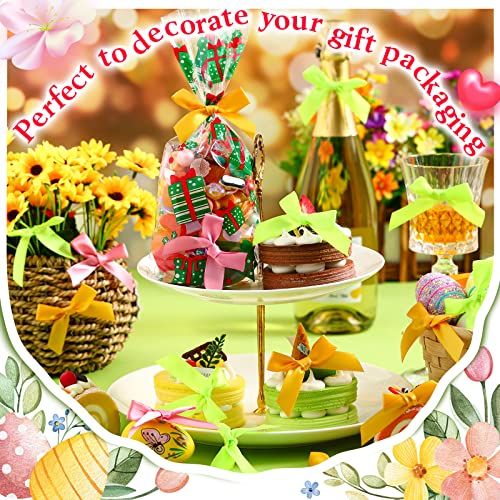 120 Pcs Twist Bow Satin Twist Tie Bows Fabric Bows For Crafts Polyester Craft Bows Decorating Ribbon Bows Gift Wrap Bows For Candy Bags Decoration (Blue, Yellow, Pink, Green) #TOP4