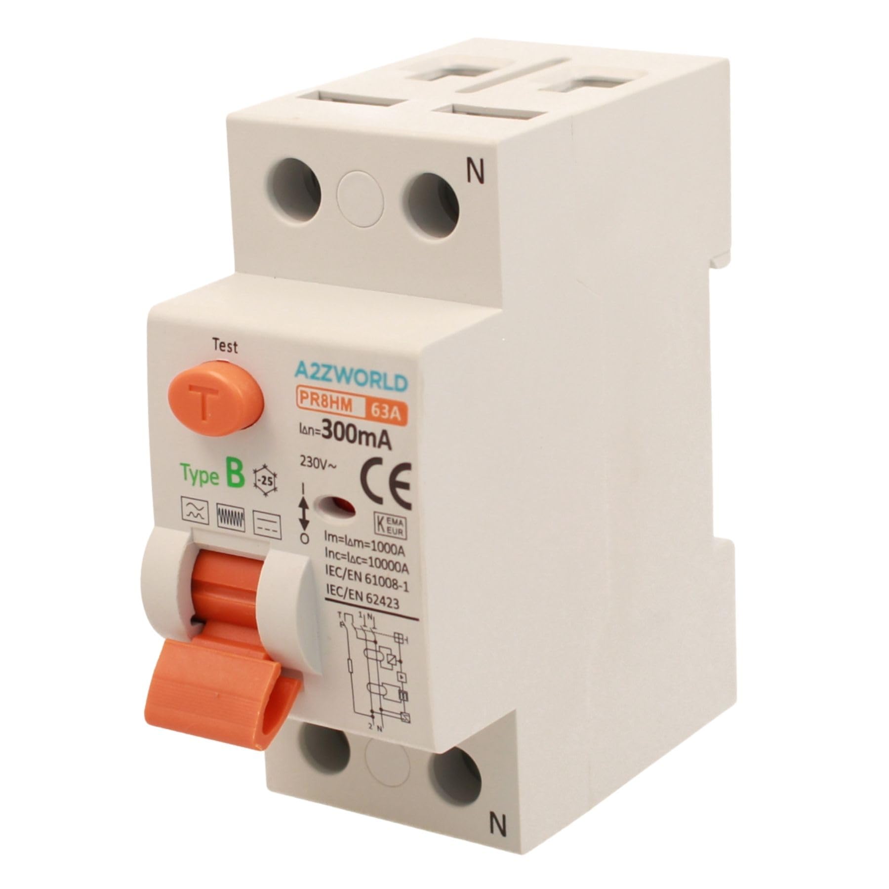 Interruptor diferencial puro tipo B 300 mA, salvavidas tipo B 63A, RCCB 1P+N 10kA 220V, 2 módulos DIN, serie PR8HM electromagnética, certificado IEC61008-1