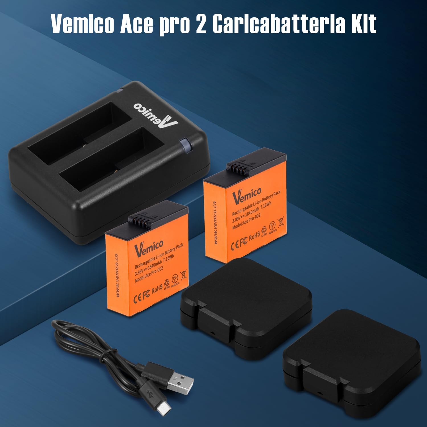 Vemico 360 Ace Pro 2 batterie di ricambio 2 x 1840 mAh Dual Tipo-C Canale caricatore LED con interfaccia di ricarica micro USB per fotocamera / 360 Ace Pro 2/360 Ace / 360 Ace Pro