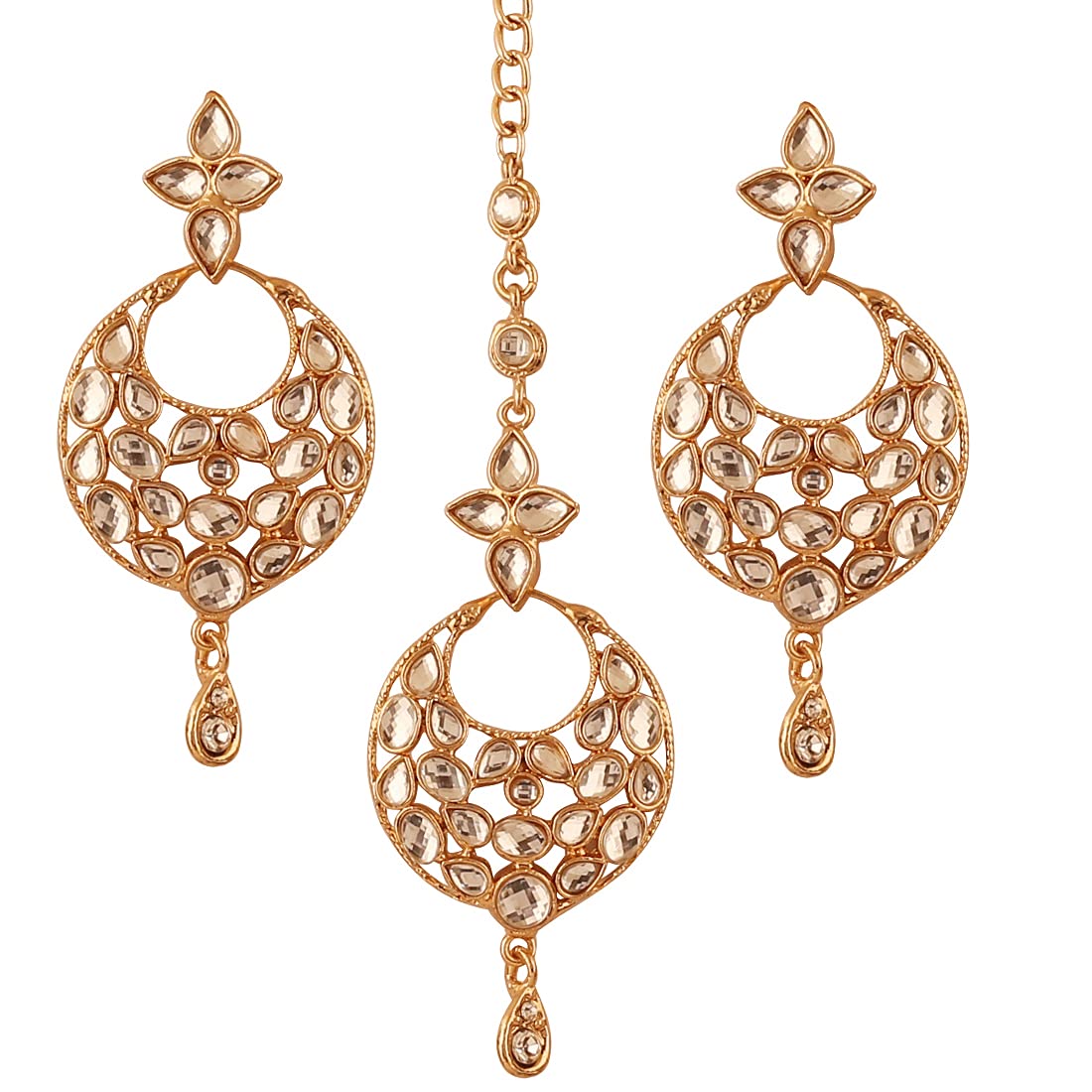 Touchstone"Contemporary Kundan Collection" Indian Bollywood Desire Royal Mughal Classical Style Kundan Look Jewelry Mangtika, Mathapatti, Nose rings In Antique Gold Tone For Women