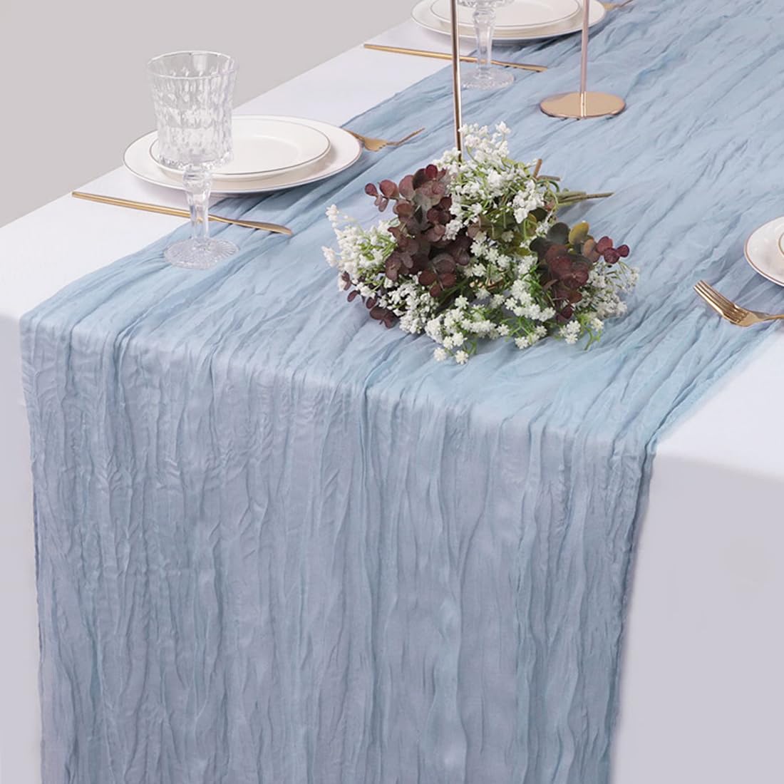 Camino de Mesa Azul, 90 x 400cm Vintage Largo Camino de Mesa, Banda de Mesa Bohemio Azul, Mantel Rústico de Gasa para Boda Cumpleaños Decoracion de Mesa