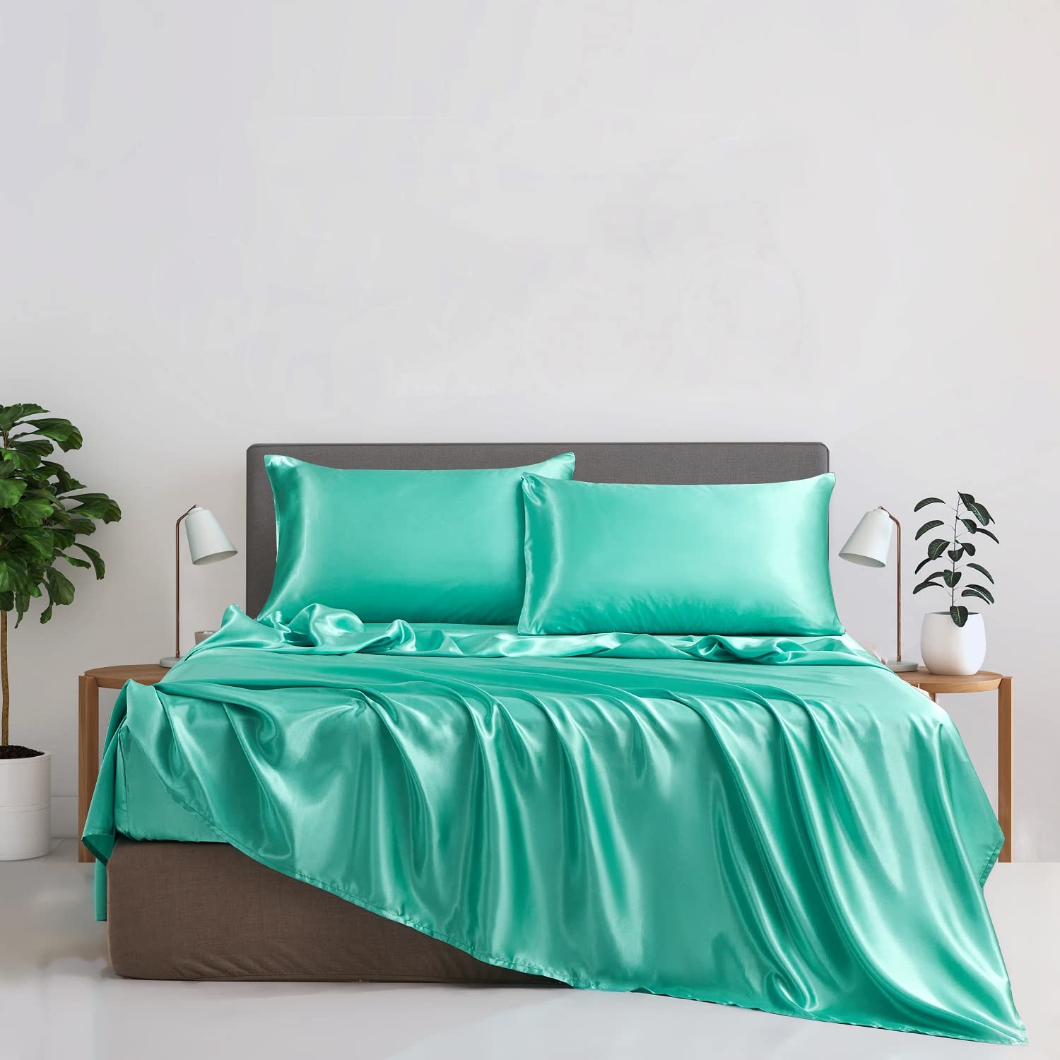 Damier Sábana bajera ajustable de satén, 160 x 200 cm, verde menta y seda brillante, apta para colchones de hasta 30 cm