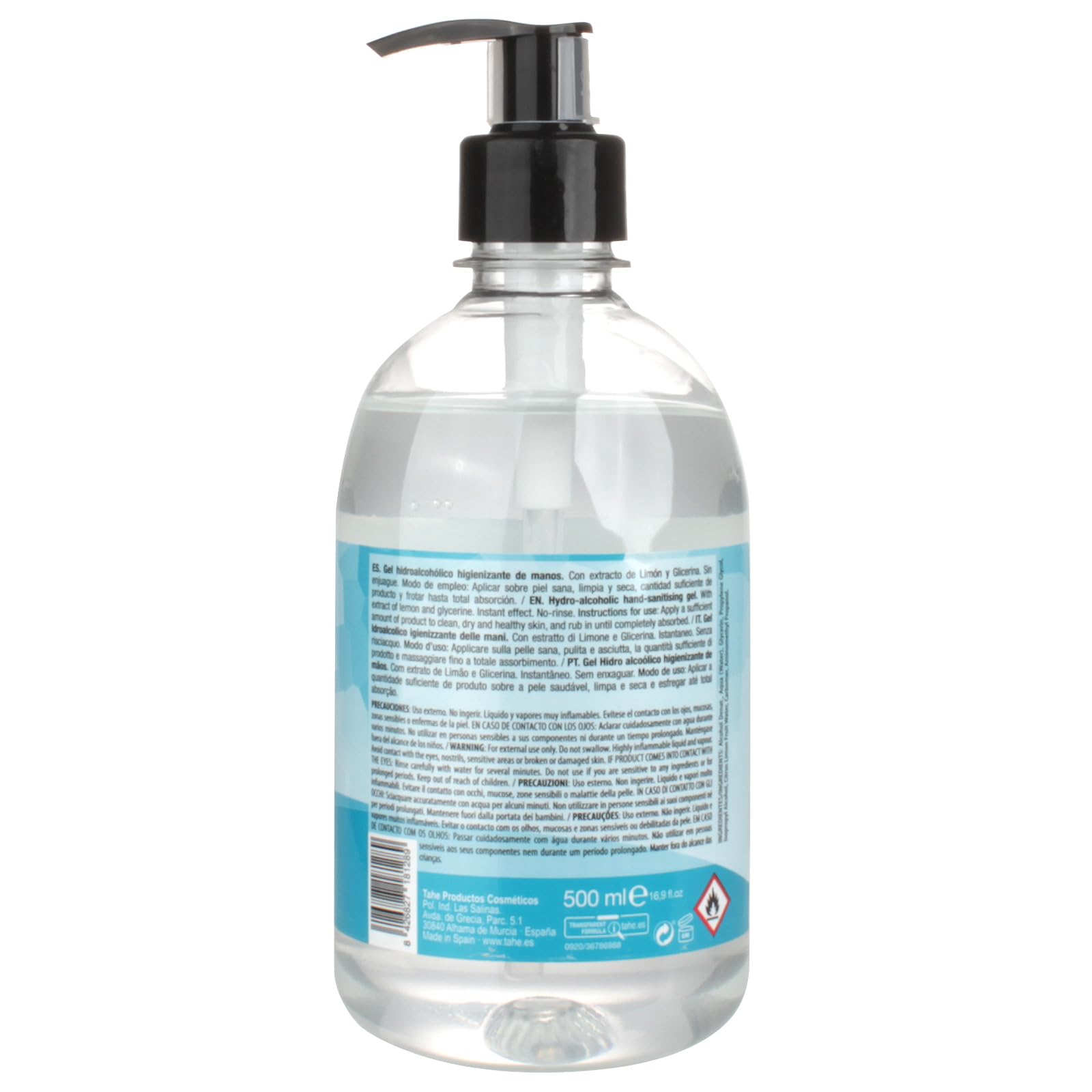Tahe Dermoprotect Gel Hidroalcohólico Higienizante De Manos con Extracto original de Limón y Glicerina (500 ml - Botella transparente con dosificador)