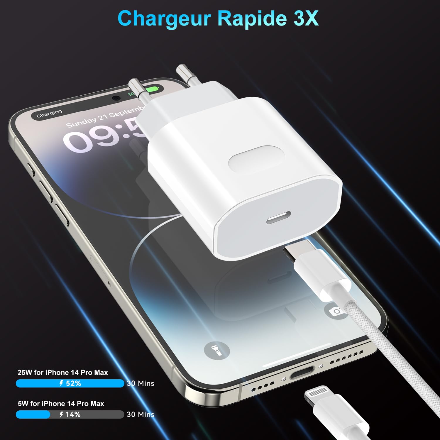 Chargeur Rapide Certifié Apple MFi pour iPhone 14/13/12/11/Pro Max Plus Mini SE XR X XS 8 7 6, Adaptateur Secteur USB-C 25 W avec Câble Lightning 1m, USB-C Power Delivery Charger
