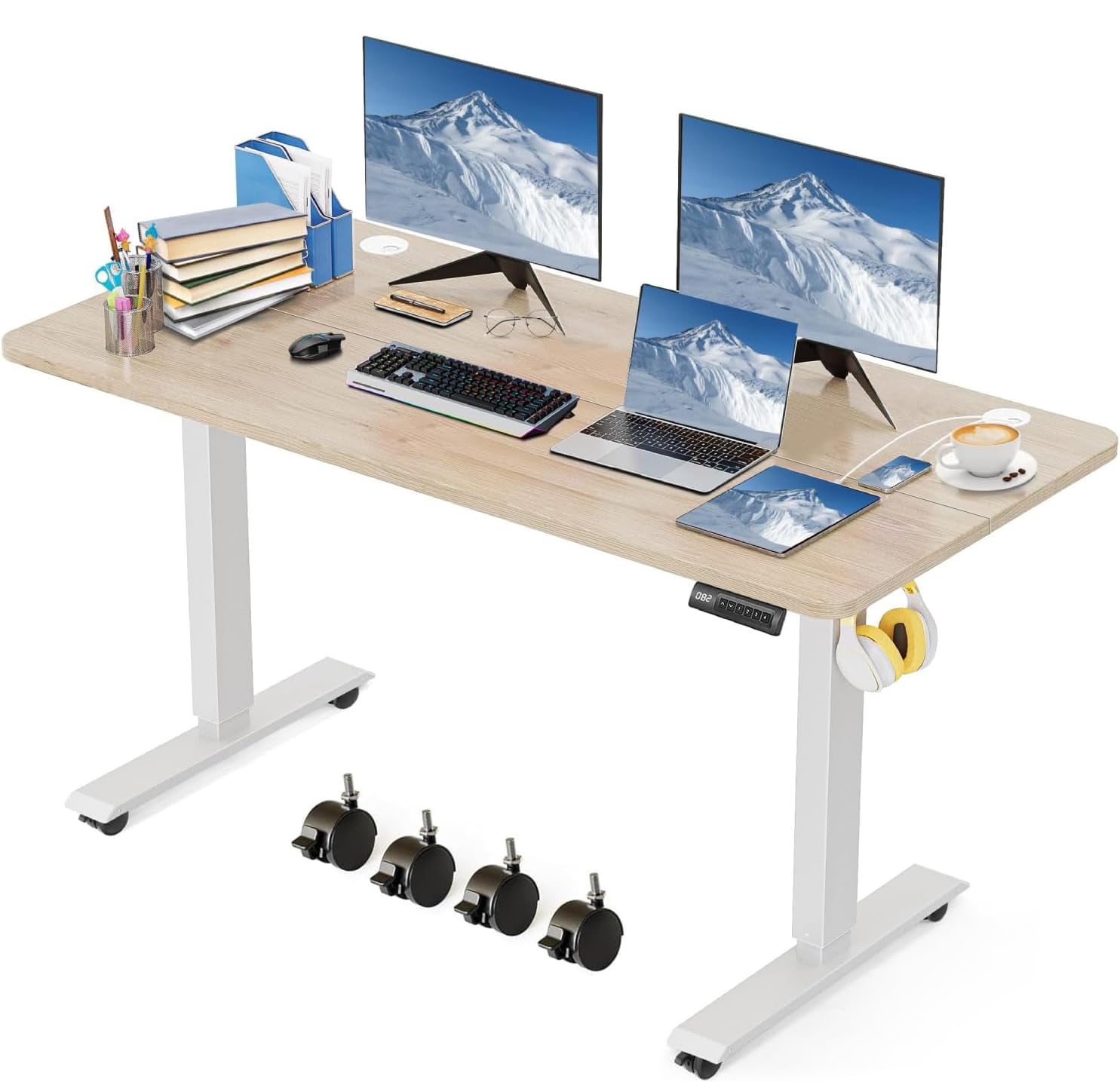 KORGOL Electric Standing Desk 48 x 24 Inches Adjustable Height Sit Stand Up Desk for Home Office Computer Workstation Memory Preset with Wheels, Oak