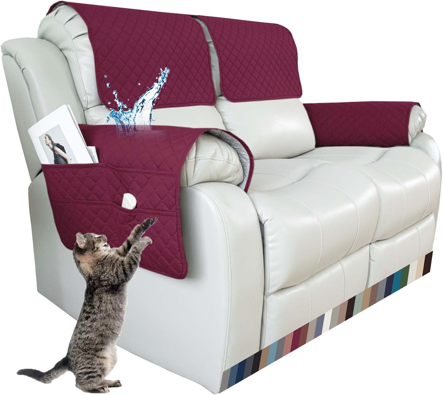 Sofa Armrest Cover, 1/2/3 Seater Sofa Headrest Slipcovers Nonslip Armchair Cover Quilted Water Proof Furniture Protector for Pets Sofa Couch (Wijn Rood,2 Zits (4 PCS))