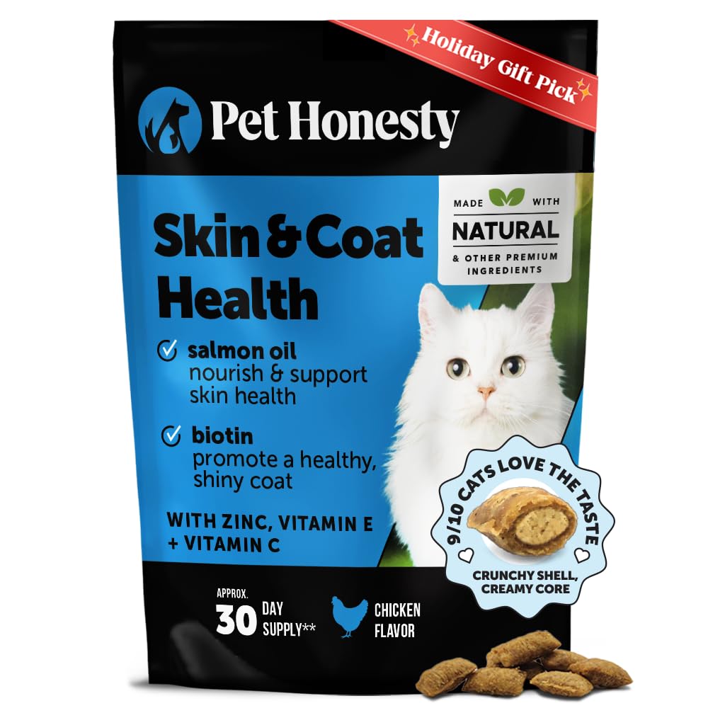 Cat Skin & Coat Health Chews – Crunchy & Creamy Treats with Omegas, Vitamin C & E, Biotin – Soothes Itchy, Dry Skin, Reduces Shedding & Promotes a Shiny Coat – Cat Vitamins (Chicken 30-Day Supply)