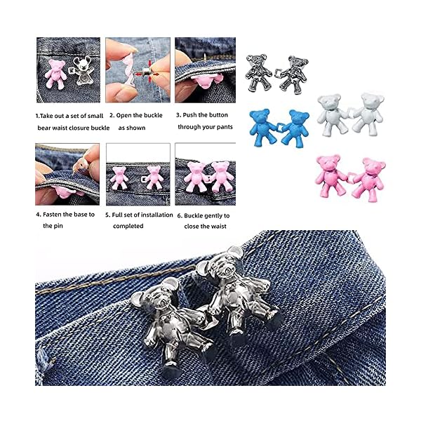 4-piece cute bear seamless waist button, bear denim button pin, adjustable belt button extender, no need to sew waist tightener pin, suitable for women's skirt jeans - Image 7