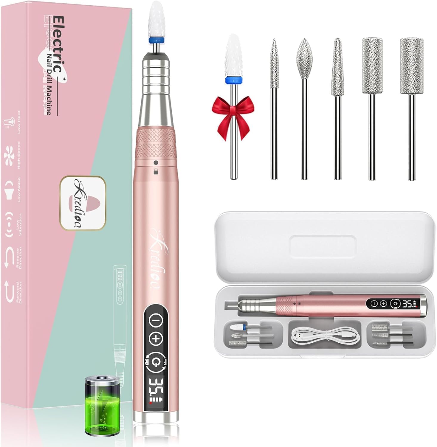 Kredioo Torno para Uñas Profesional, Inalámbrico Recargable 35000 RPM | Velocidad Ajustable, Recargable Lima Electrica Uñas, Lápiz Manicura y Pedicura, Pulidor Portatil, Kit con 6 Brocas