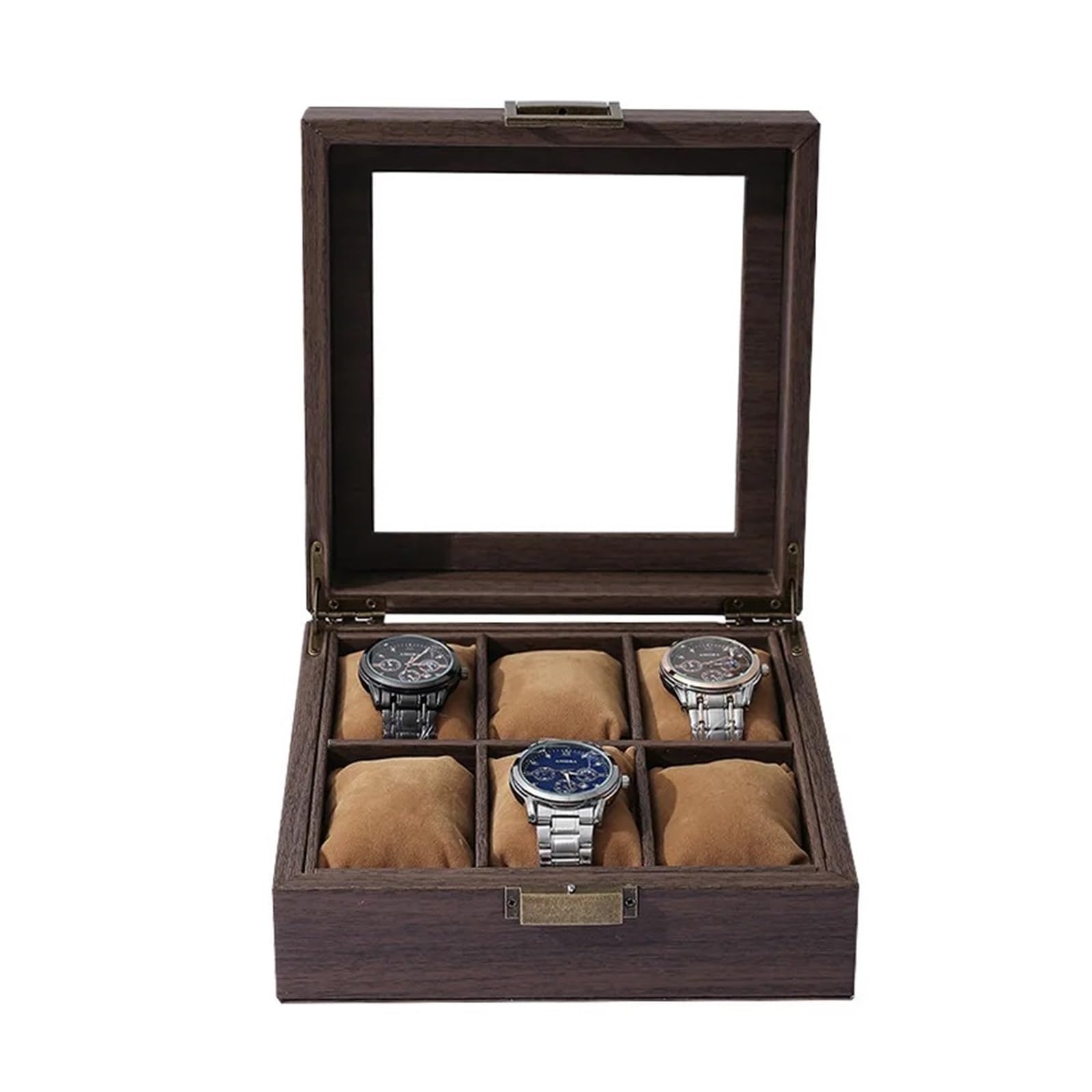 Holzmaserung PU-Leder Quadratische 6-Bit-Uhrenaufbewahrungssammlungs-Displaybox Uhrenschmuck-Aufbewahrungsbox Herren-Schmuckschatulle zur Aufbewahrung von Uhren
