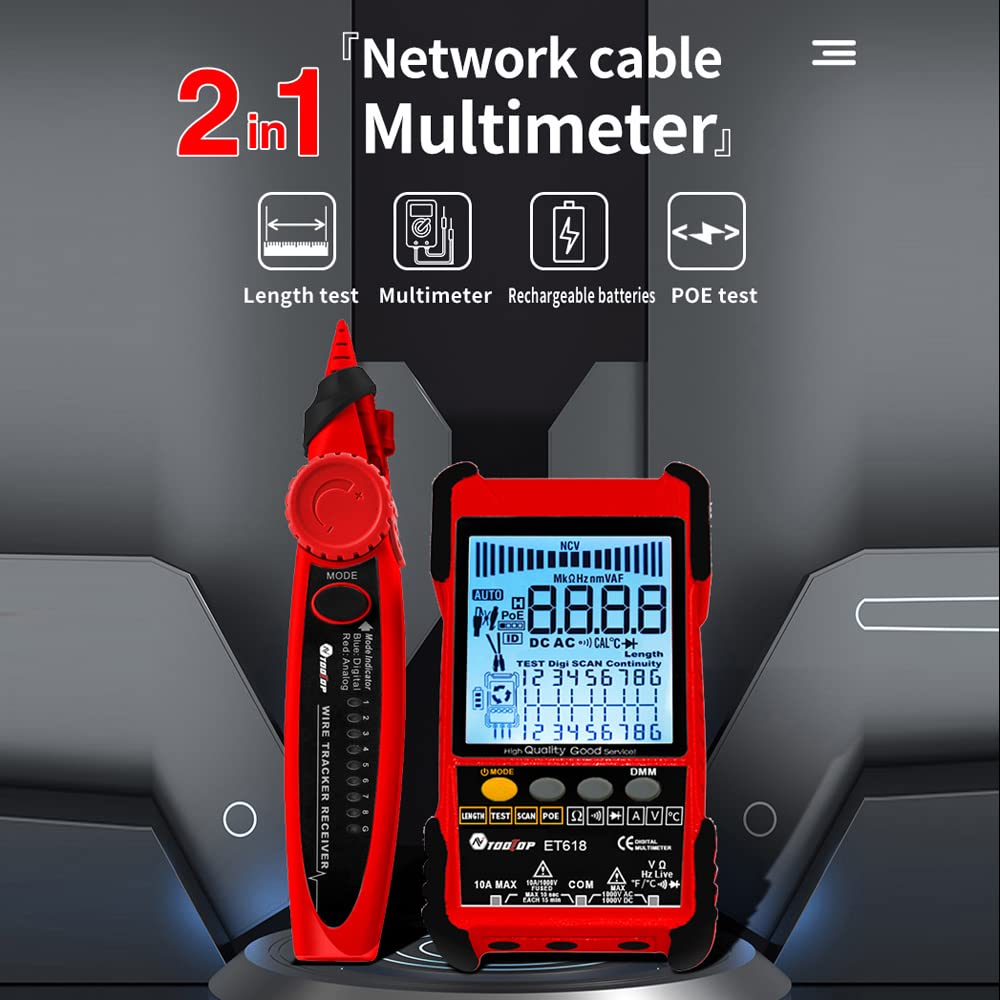 TOOLTOP ET618 Handheld Portable Cable Tester with LCD Display Analogs Digital Search POE Test Cable Pairing Sensitivity Adjustable Network Cable Length Short Open Circuit Measure Trackers
