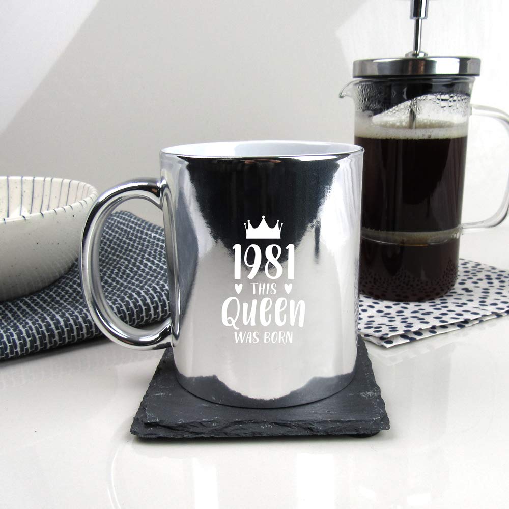 eBuyGB Gift for Mum 1981 This Queen was Born Square Coaster Drinks Mat, Ceramic, Silver