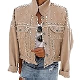 Dressy Rivet Studded White Cropped Jean Jacket Women Western Distressed Washed Denim Coat