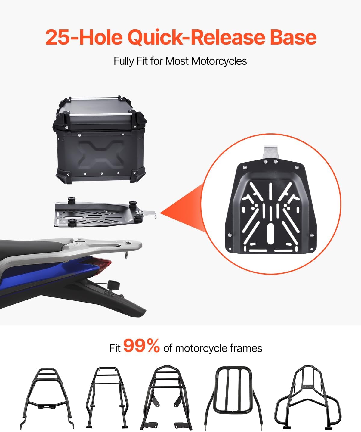 VEVOR Motorcycle Top Case 65L, Universal Aluminum Alloy Motorbike Tail Box with Leather Lining, Waterproof Detachable Motorcycle Top Box with Lock & Back Cushion, Fit for 99% of Motorcycle Frames