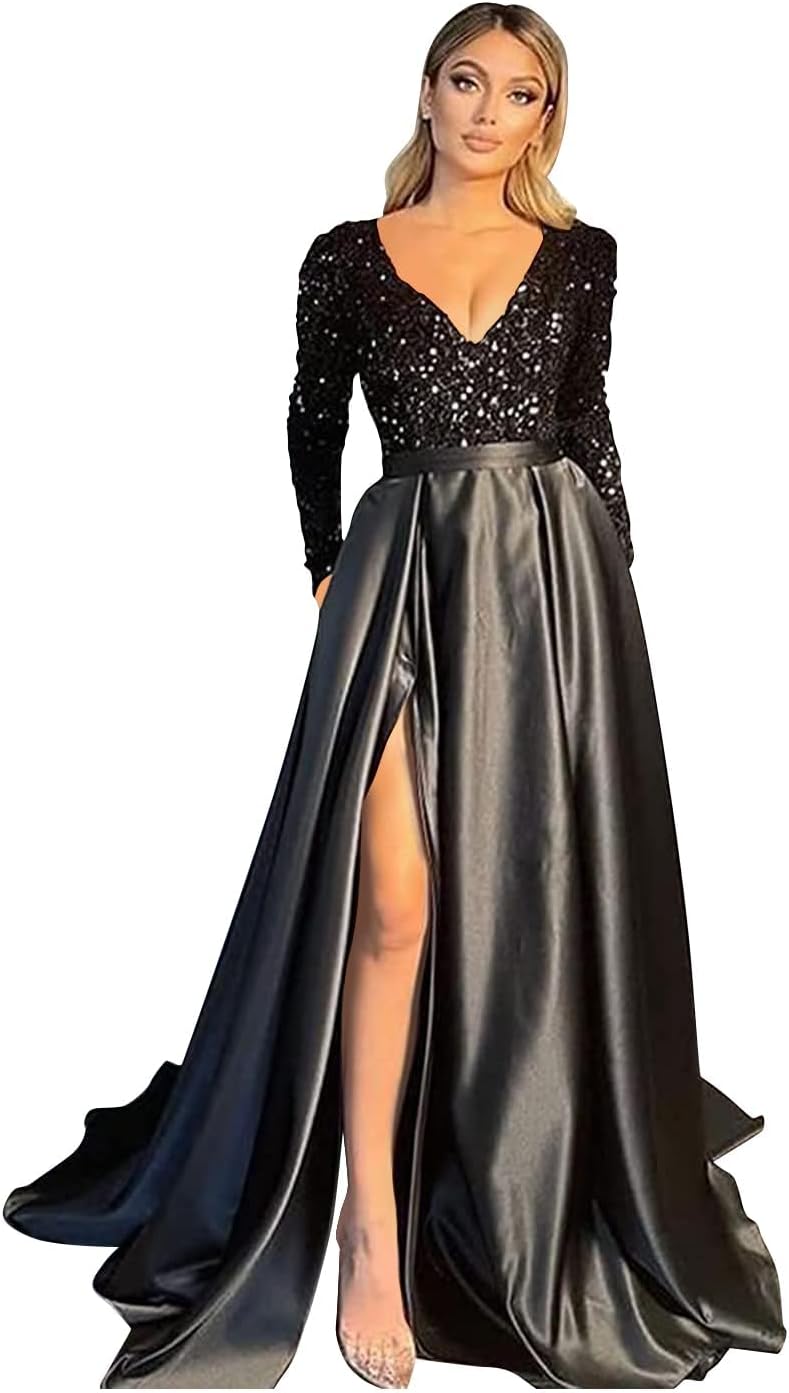 Women's V Neck Glitter Sequin Satin Prom Dresses with Long Sleeve Formal Evening Gown with Pocket ZN006