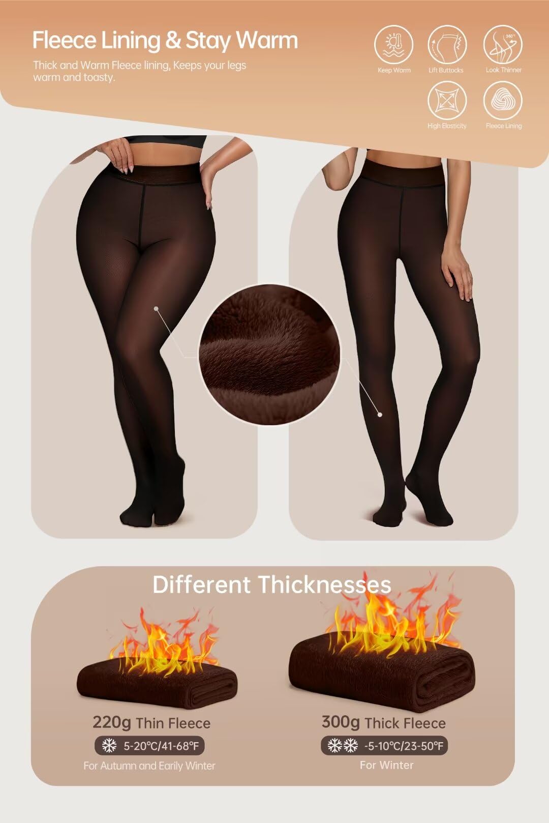 Vertvie Medias con forro polar para Mujer térmicas falsas translúcidas cálidas cintura alta Invierno de 220g gruesas Corazones negros transparentes