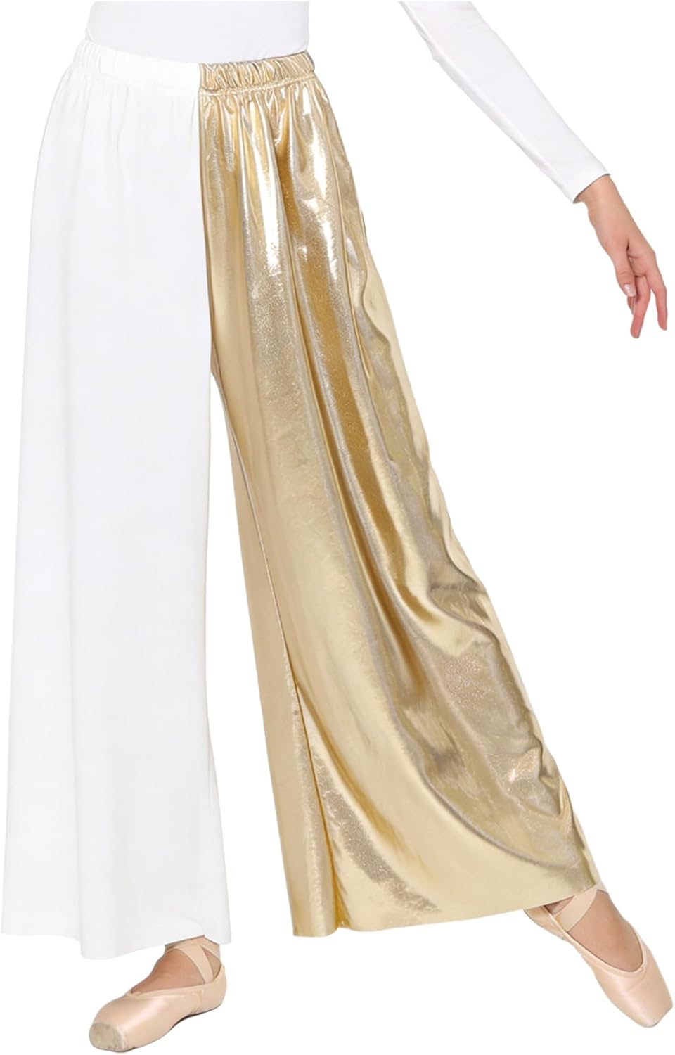 FEESHOW Women's Praise Dance Pants Wide Leg Pants | Metallic Color Block, Elastic Waist, Loose Fit, Celebration of Spirit Trousers, for Worship Dance