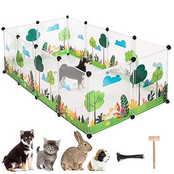 PUPTECK Pet Playpen, Printed Cage with Bottom for Puppies, Kittens, Small Animals Guinea Pigs, Hamsters, Rabbits Playing Indoor and Outdoor, Easy & Free Assembled