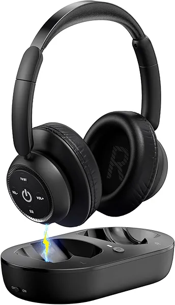 ZUPVIY Wireless Headphones for TV Watching, TV Headphones Wireless for Seniors with Transmitter Charging Base, Support Optical,AUX,RCA and USB, High Volume No Audio Delay, Plug and Play, Black