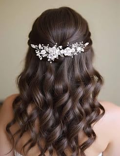 White Flower Hair Vine Pearl Bridal Headband Leaf Wedding Hair Piece (Silver, Length (8 in / 21 cm))